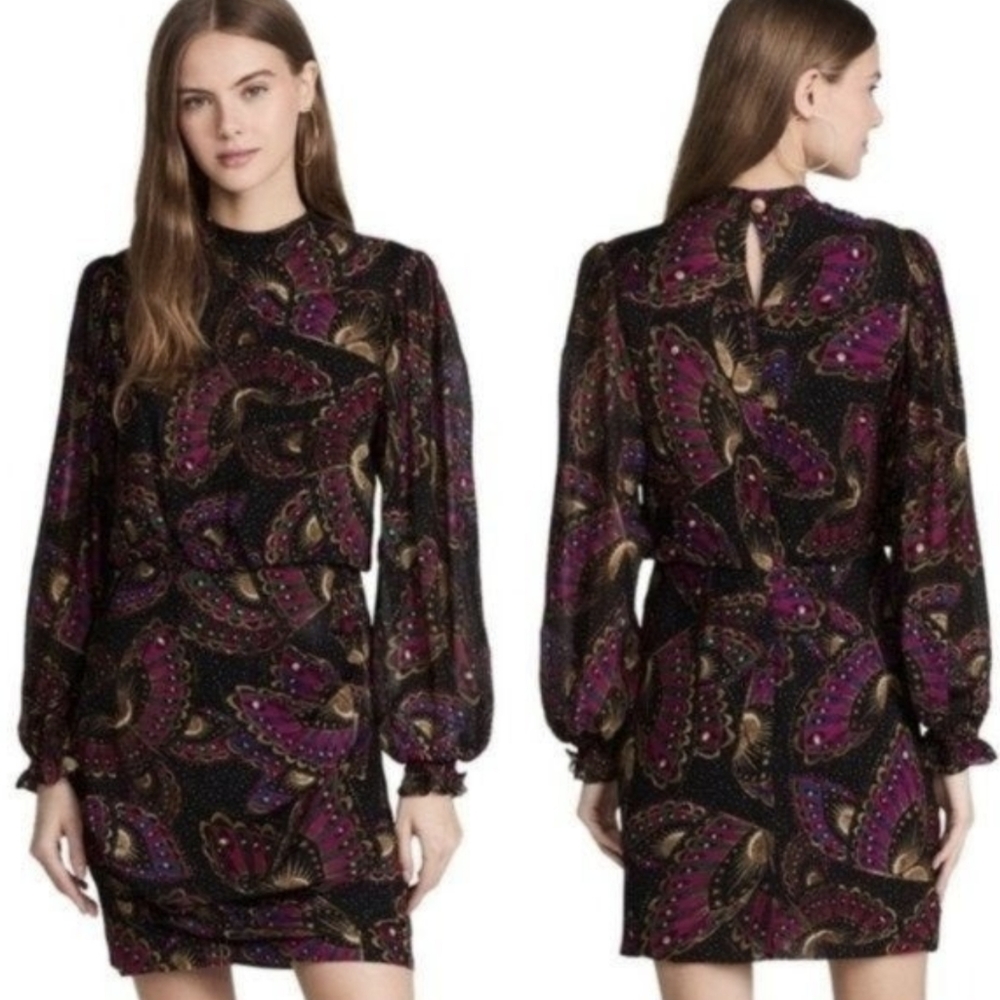 Farm Rio High Neck Puff Sleeve Butterfly Sky Mini Dress small
